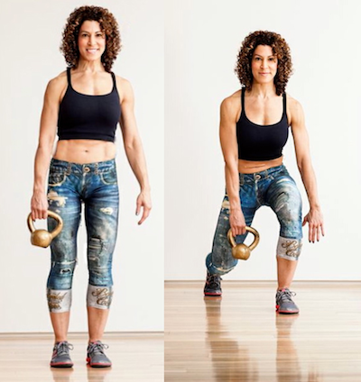 Photo: Woman demonstrates Kettlebell Backward Step/Pass exercise