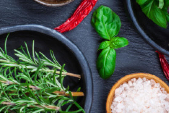 Photo: Bowls of fresh herbs and spices